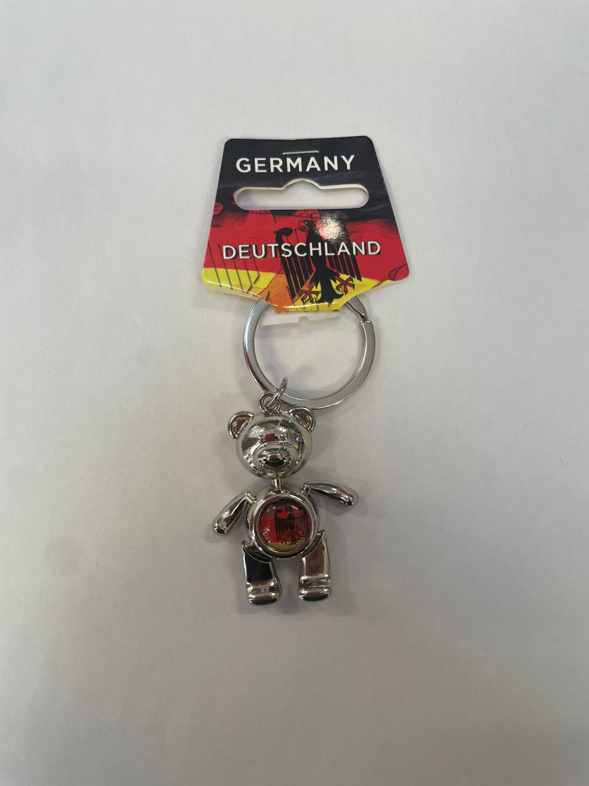 Germany Souvenir Metallic Teddy Bear Keychain with Rotating Flag Emblem